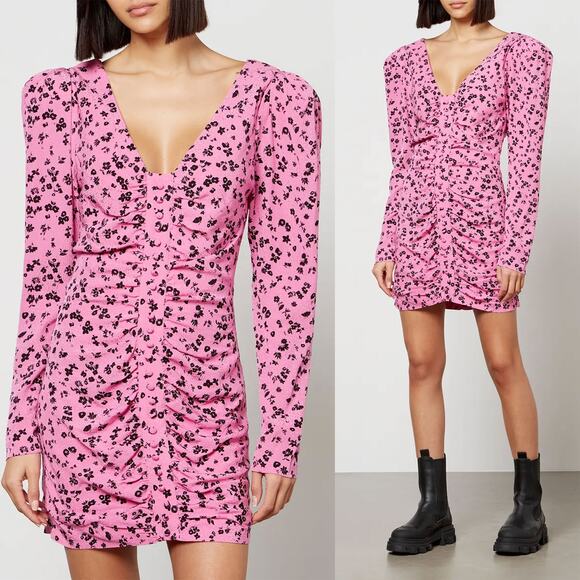 ROTATE NWT Fine Jacquard Floral Ruched Mini Dress in Pink Size 6 - Picture 1 of 16